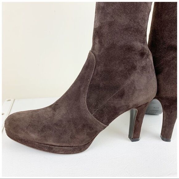 Graffiti Brown Suede Platform Heel Pull-On Boots Sz 7.5 - Picture 5 of 10